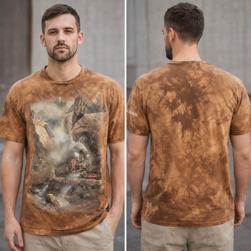 Vintage 1999 The Mountain Train Steam Engine Tie Dye T-Shirt Brown Colorado L